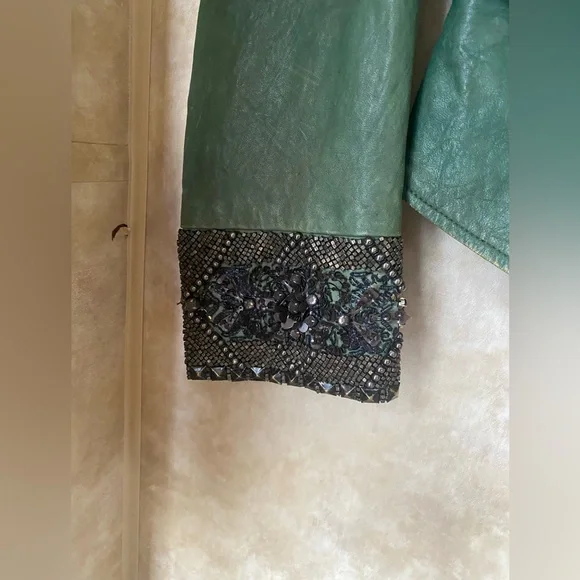 Diesel Distressed Dark Green Leather Premise Beaded Moto Jacket - Picture 4 of 14